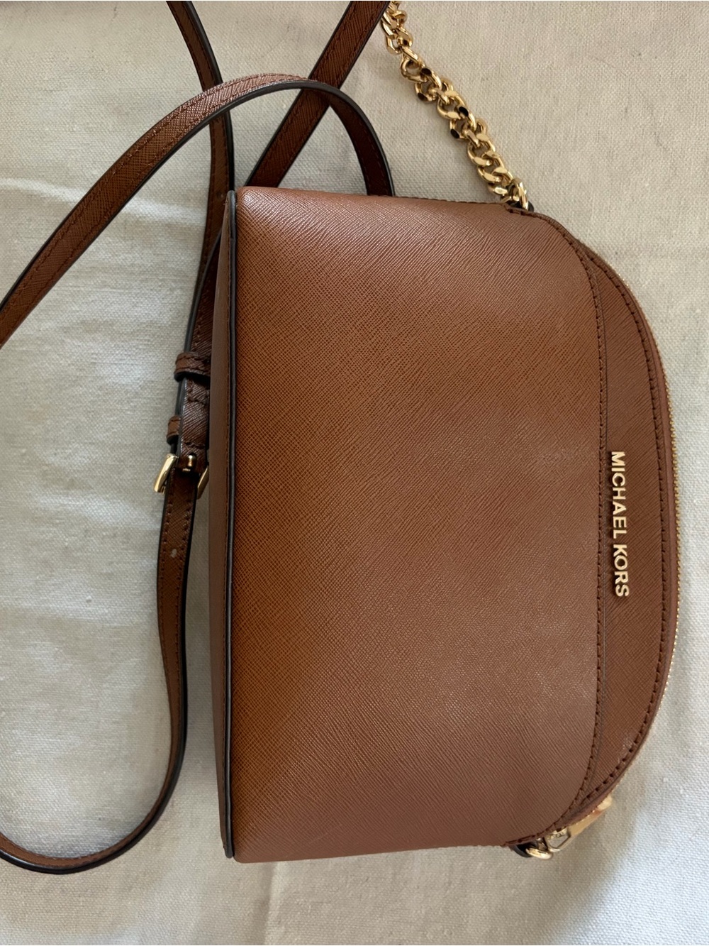 Michael Kors Brown Saffiano Leather Crossbody with Gold Chain